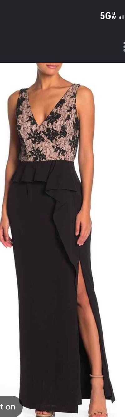 Marina Black Lace Nude Peplum Long Gown Dress Size 8